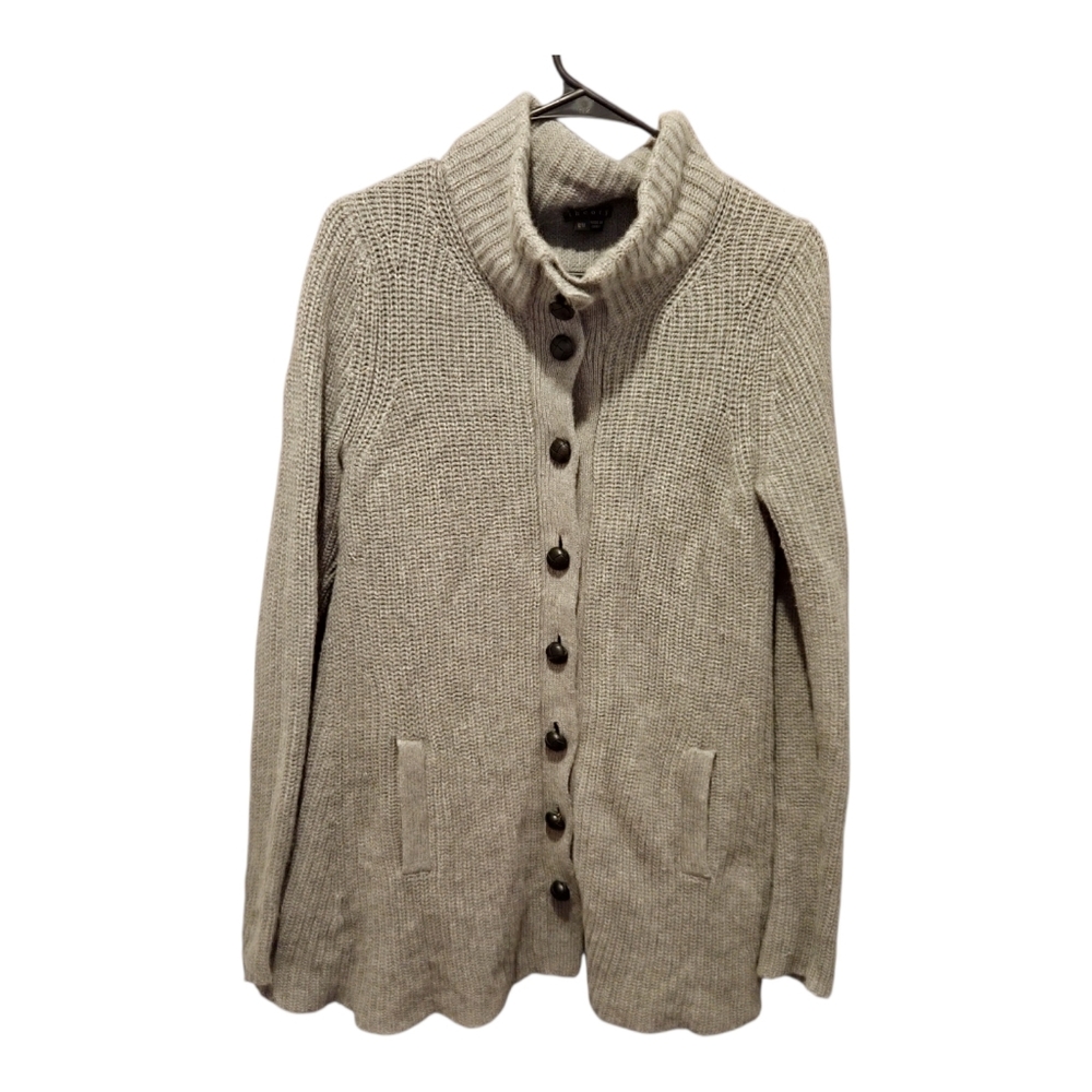 Theory Cashmere Blend Gray Ribbed Funnel Neck Cardigan‎ Sweater Medium Cozy Luxe